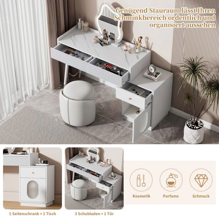 Toeletta con specchio a LED - LEMONBEST - 100 x 40 x 75 cm - 3 cassetti - LED touch-sensitive (3 faretti) - Bianco