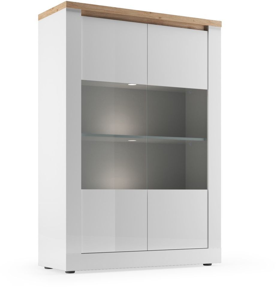Vitrine - IMOLA - Blanc laqué / Plateau chêne cadiz - 2 Portes - Fabrication Italienne - 114 x 43 x 160 cm