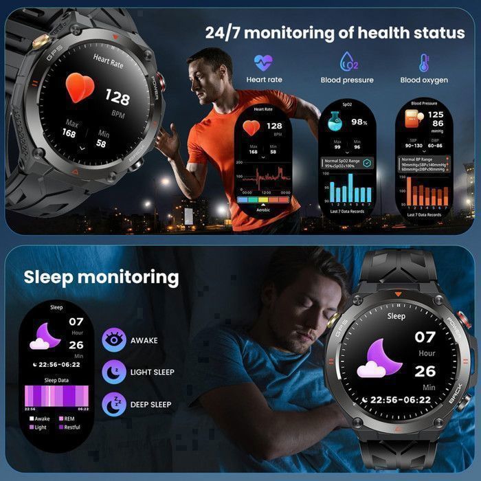 Men's Smartwatch with GPS, Sport Function, Calling, Compass, Barometric Altimeter, Heart Rate Monitor, 650mAh Battery, 3 Straps, Tactical Steel, Silicone