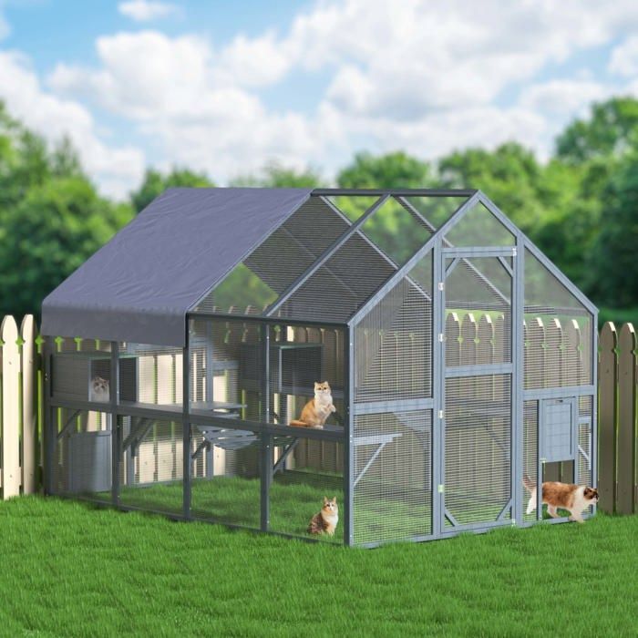 Wiltec Enclos extérieur pour chats 280 x 188 x 188 cm Catio Bois Sapin Toit Toit avec Bâche imperméable Plusieurs plateformes Abri J