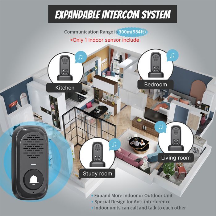 Wireless intercom doorbell - AKOZON - Voice chime - RF433 - 300m range - IP44