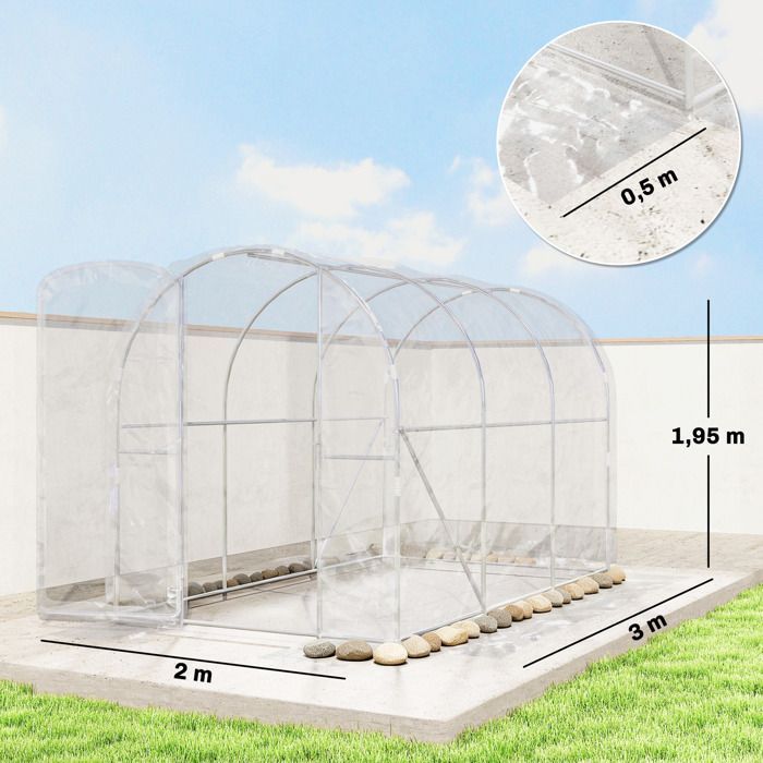 Serre de jardin tunnel - Outsunny - 3 x 2 x 2 m 6 m² avec porte à charnières bâche en PE 150 g/m² pour Légumes Plantes Fleurs