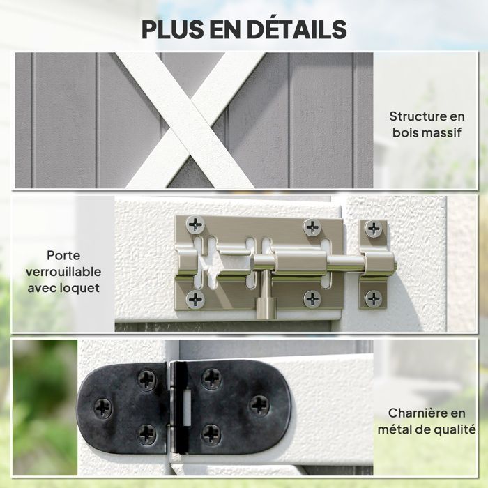 Cabanon & Chalet & Abri de Jardin Gris en Bois de Sapin, Toit Bitumé, Porte Verrouillable, 2 Étagères - 75x56x115 cm |