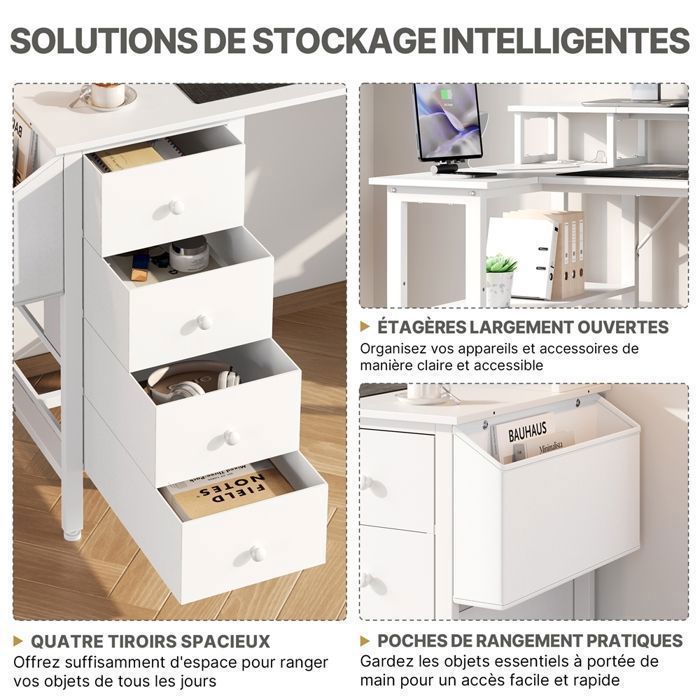 Bureau Gamer en L Réversible 120 cm, Support d'écran, 4 Tiroirs et Prises USB, en Bois pour Travail et Gaming, Blanc YAHEETECH