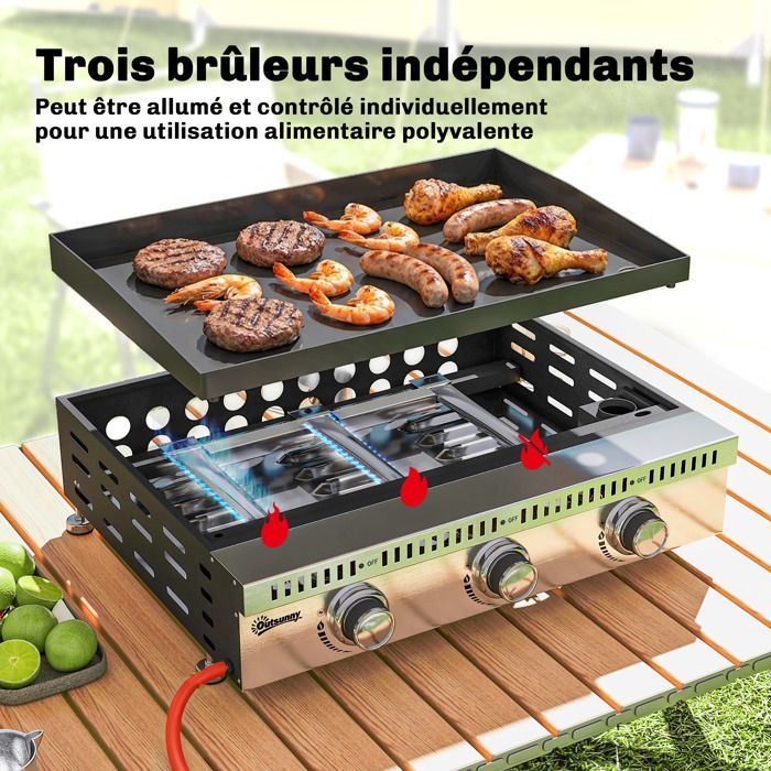 Plancha de gas Outsunny - 3 quemadores de acero inoxidable de 9 kW - superficie de cocción de 56,5 x 33 cm - color negro