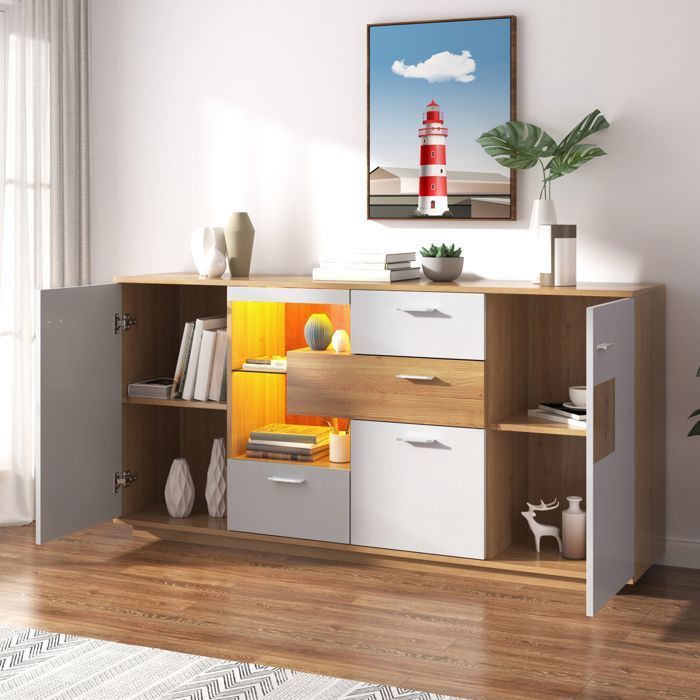 Modernes LED-Buffet 160 x 40 x 77 cm mit 16-farbiger RGB-Beleuchtung, 2 Türen und 4 Schubladen, verstellbare Einlegeböden – Weiß, Holzoptik