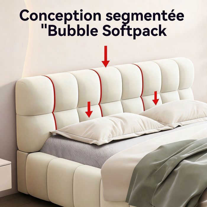 Lit adulte 140x190 en lin beige, design bubble rembourré, cadre bas au sol, structure séparée, Conception de matelas intégré