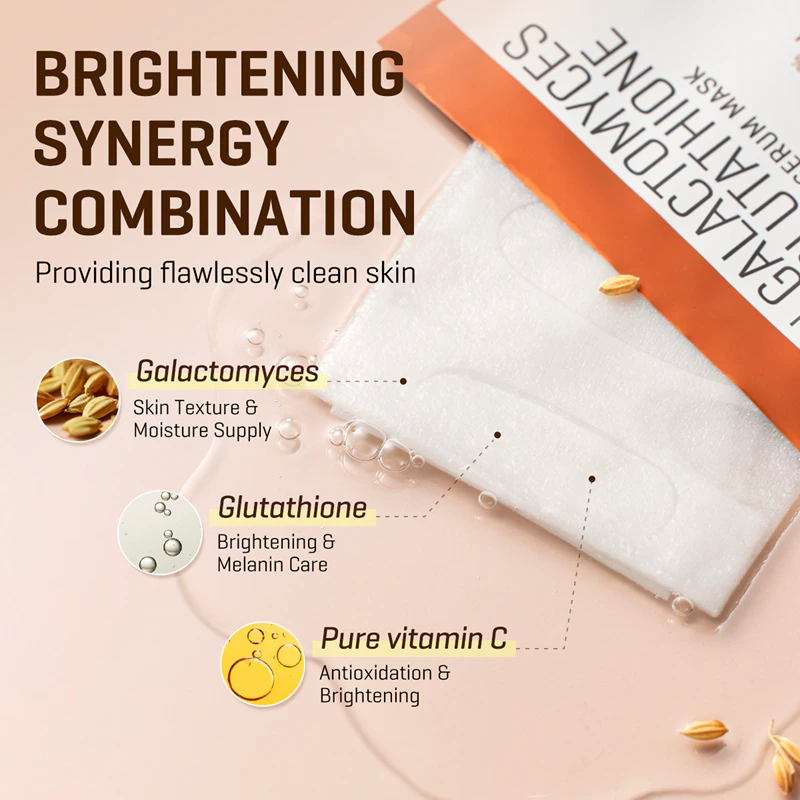 Some By Mi Galactomyces Glutathione Glow Serum Mask, uma máscara facial iluminadora em tecido para peles sensíveis e secas.