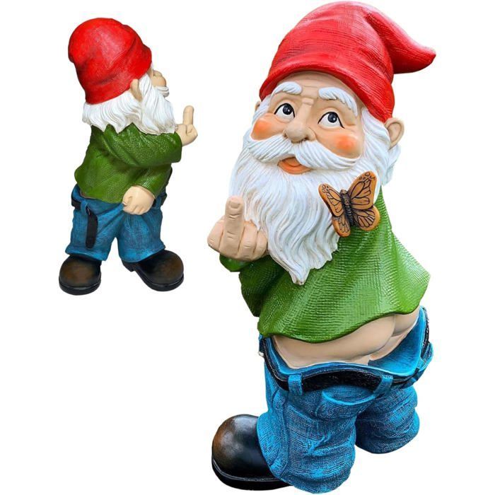 Nain de Jardin en résine avec Doigt d'honneur 14 cm de Haut Figurine Coquine Pantalon baissé Nu pour décoration pelouse et Label