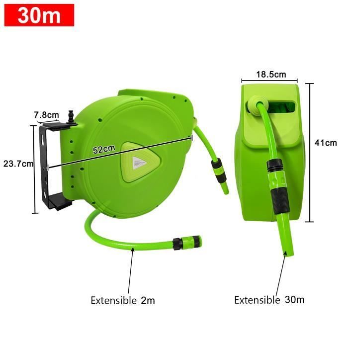 Enrollador automático de manguera de jardín LZQ para montaje en pared - 28 m + 2 m, 9 patrones de distribución de agua