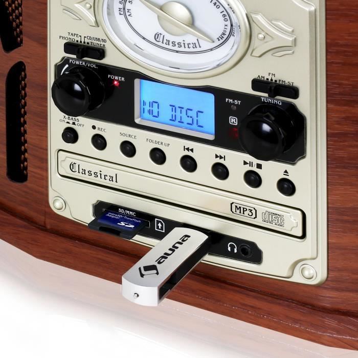 Levysoitin - Auna NR-620 - Vinyylisoitin - Kasetti-/CD- ja USB-MP3-soitin - Stereo Hi-Fi -järjestelmä - Vintage-puu