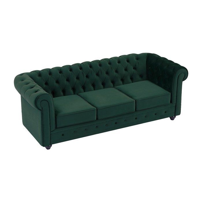 Canapé 3 places, 2 places et fauteuil en velours vert CHESTERFIELD