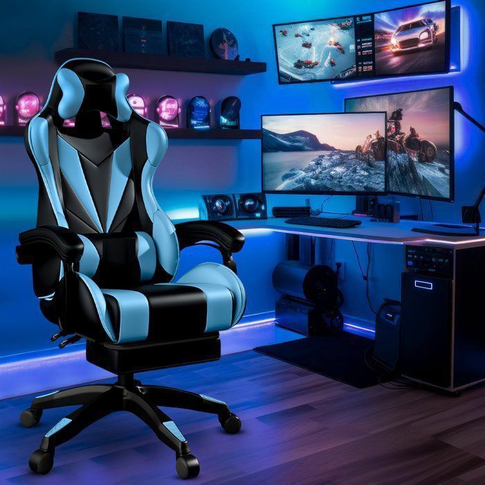 Bayt Ergonomischer Gaming-Stuhl – Ausziehbare Fußstütze – Verstellbare Armlehnen – Verstellbare Rückenlehne – Schwarz & Hellblau