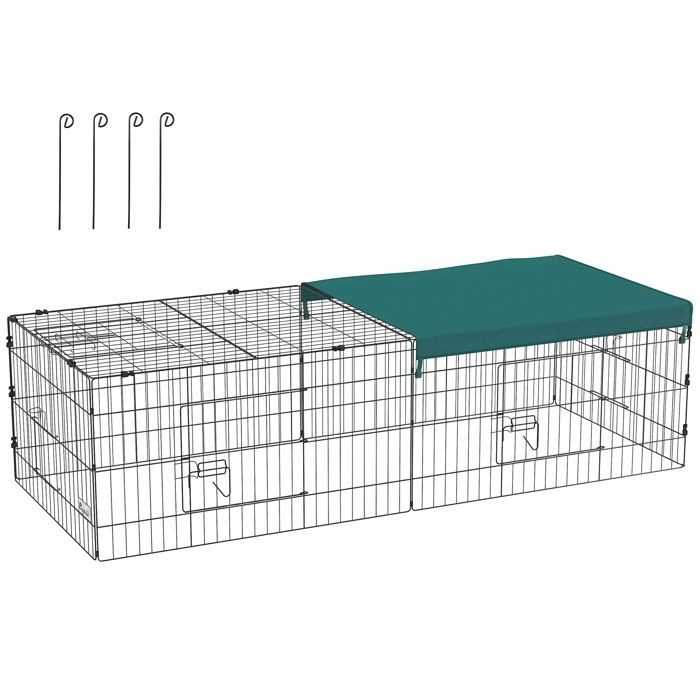 PawHut modulares Stahl-Laufgehege mit Abdeckung für Kaninchen, Nagetiere und Kleintiere, für den Innen- und Außenbereich geeignet, 185 x 75 x 50 cm (L x B x H), grün