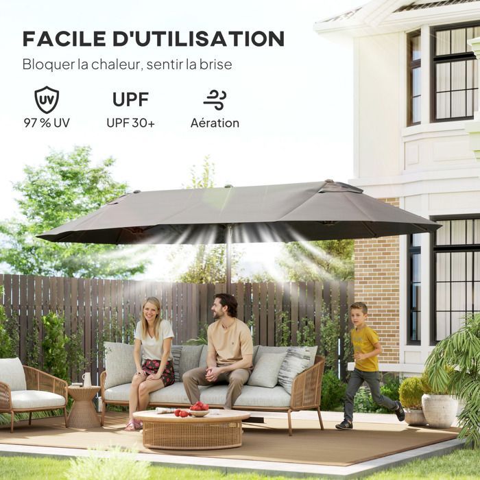 Ombrellone da giardino XXL - Outsunny - Grande formato con base a croce, meccanismo di apertura e chiusura a manovella - Acciaio e poliestere - Grigio