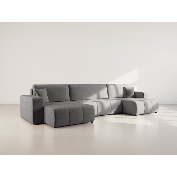 Nicole - Sofá cama panorámico en forma de U de 7 plazas con espacio de almacenamiento en tela - Gris