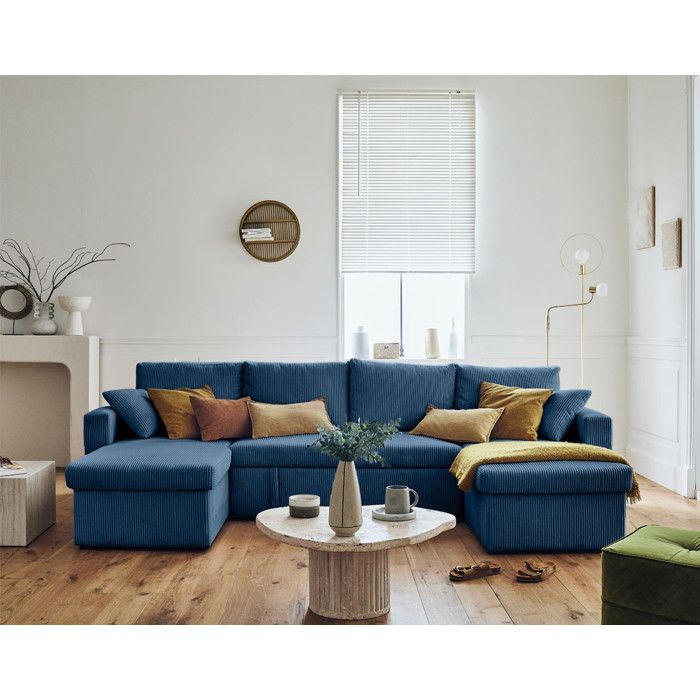 Cyrus – U-förmiges Panoramasofa – 7-Sitzer – ausziehbar mit Stauraum – in Cord – Blau