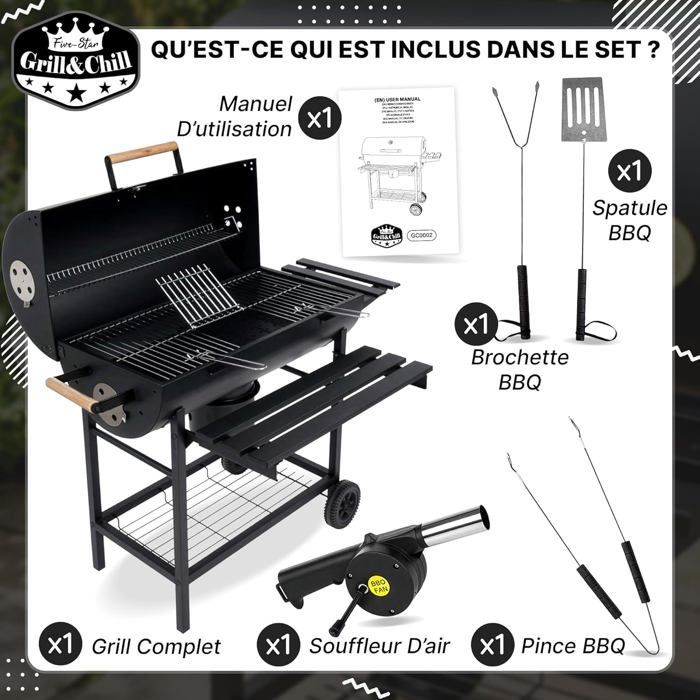 Five-Star Grill & Chill Barbecue charbon de bois - barbecue de jardin, barbecue charbon grande grille chromée 71×35 cm, GC0002