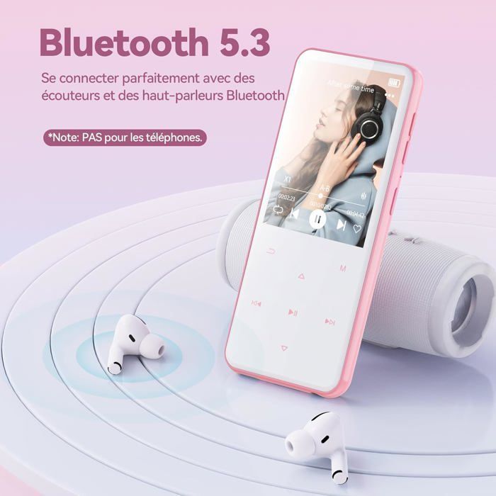 AGPTEK 64Go MP3 Bluetooth 5.3, 2.4‘’ Grand Écran, Haut-Parleur Lecteur Musical HiFi avec Bouton Tactile/Radio FM/Enregistreur, Rose