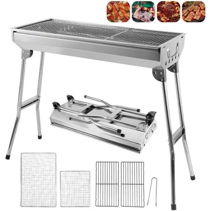 Barbacoa de jardín plegable de acero inoxidable para carbón - Para 12 personas - 73 x 32,5 cm