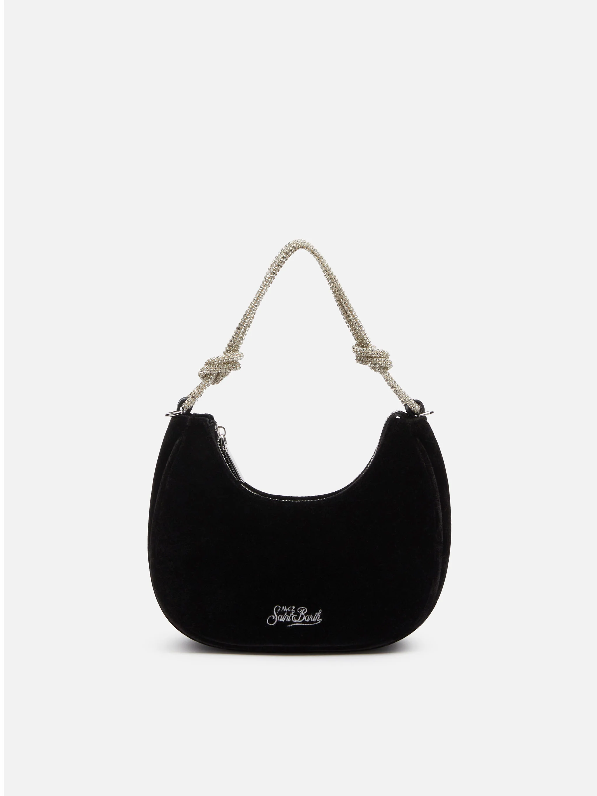 Tallulah zwarte fluwelen baguette tas met strass handvat en afneembare kettingriem | MC2 Saint Barth