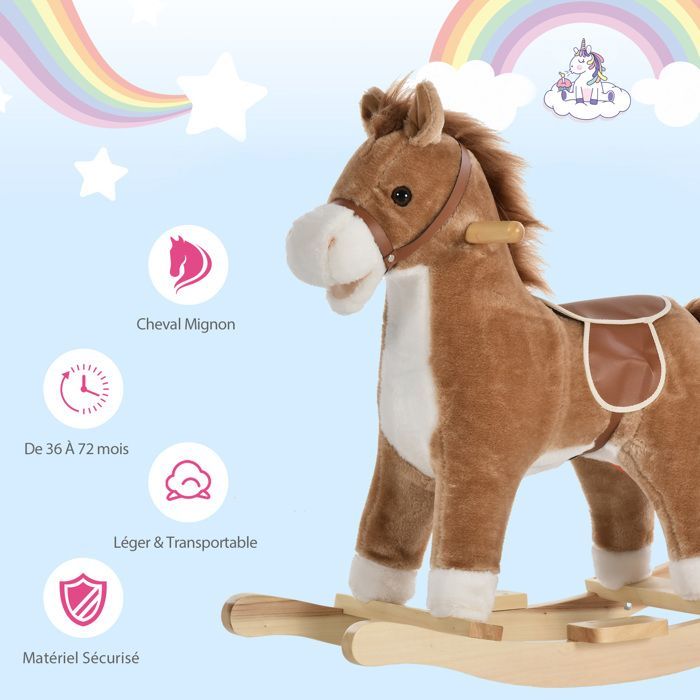 Caballo balancín - HOMCOM - silla de montar extra cómoda, suave y de felpa corta, madera de álamo, juguete infantil - madera - 65x32,5x61cm - marrón