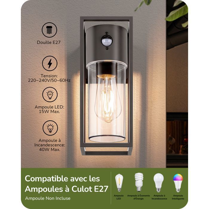 EDISHINE Applique Murale Extérieure avec Détecteur de movement, Étanche IP44, Douille E27, Ampoule non Incluse, Gris Foncé