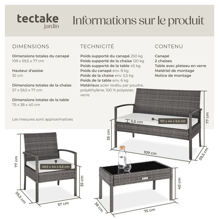 Gartenmöbel - TECTAKE - SPARTE niedrige Outdoor-Lounge-Garnitur mit Aluminiumrahmen und UV-Beständigkeit - Grau