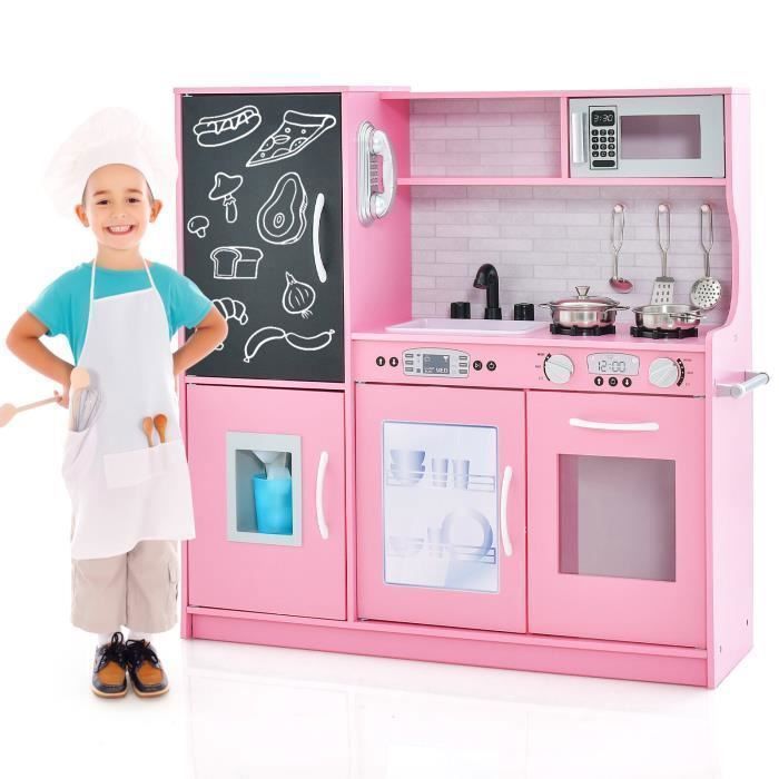 Cocina de madera infantil COSTWAY para niños de 3 a 6 años con teléfono, pizarra, microondas, máquina de hielo y 7 accesorios - Rosa