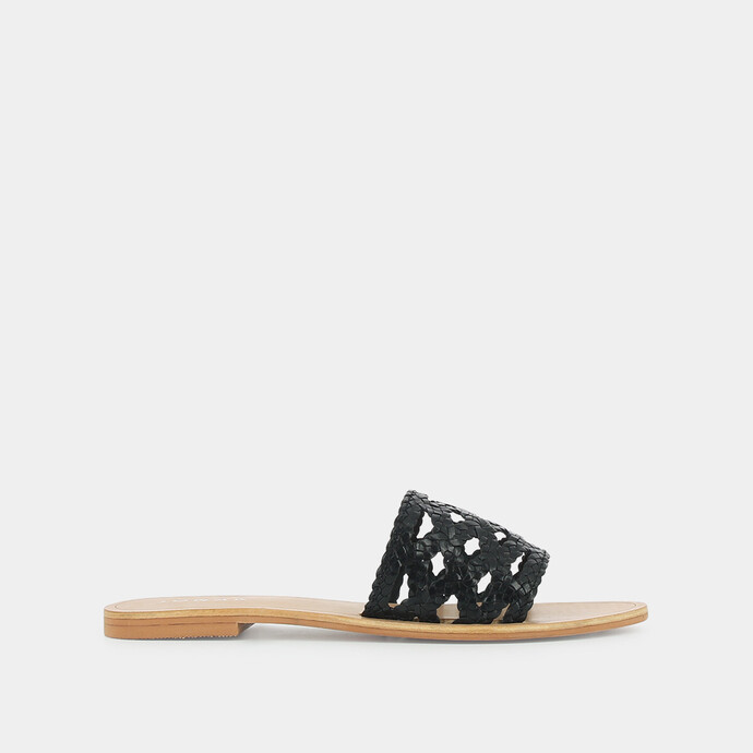 Mules plates tressées  en cuir noir