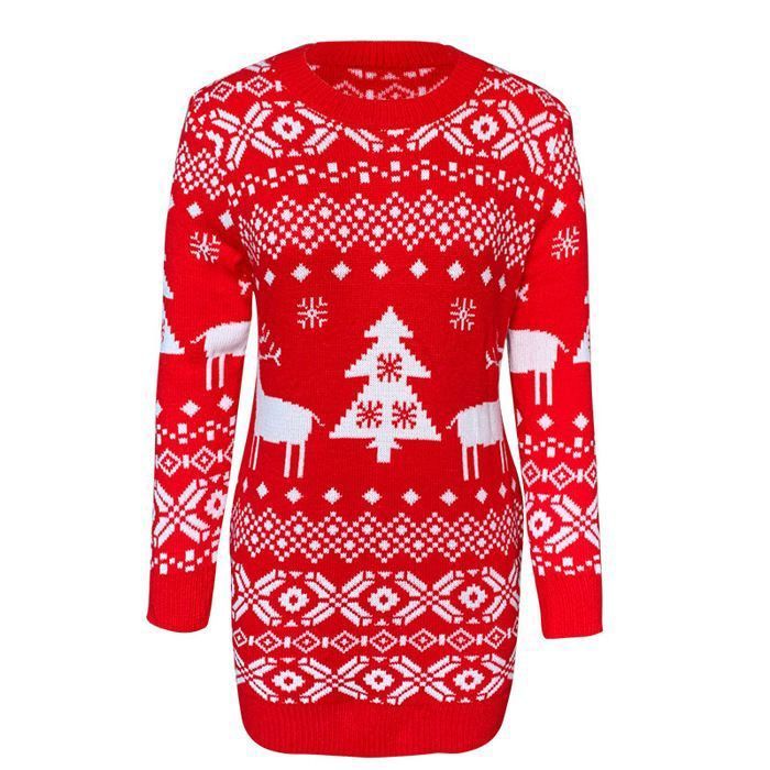 Pull Femme- Pull de Noel Femme Hiver 2025 - Longue Maille Chaude - Manches Longues - Rouge