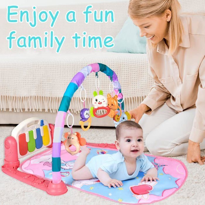 Alfombra de juegos para bebés, alfombra de actividades y juegos para recién nacidos con música y luces, arcos de juego y 5 juguetes extraíbles.