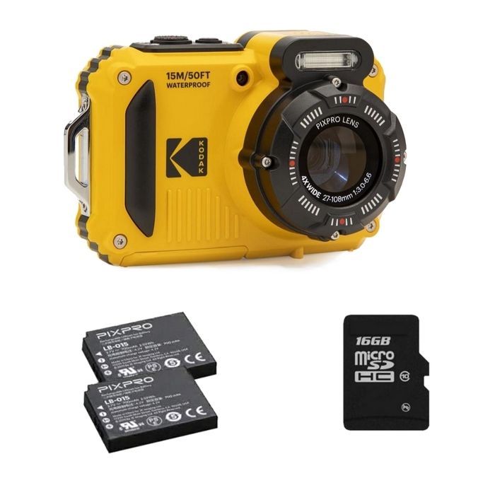 KODAK Pixpro Pack WPZ2 + 2 Batteries + 1 carte SD - Compact 16MP, étanche à 15m,  Anti-Choc, Video 720p, Ecran LCD - Jaune