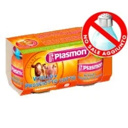 PLASMON Proteína homogeneizada de vitela e presunto Plasmon, 2 frascos de 80 g cada, para alimentação infantil.