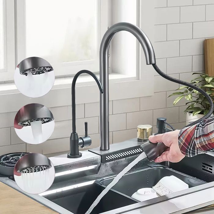 Fregadero de cocina multifuncional tipo cascada con grifo, dispensador de jabón, purificador de agua y lavavasos - 60 x 45 cm