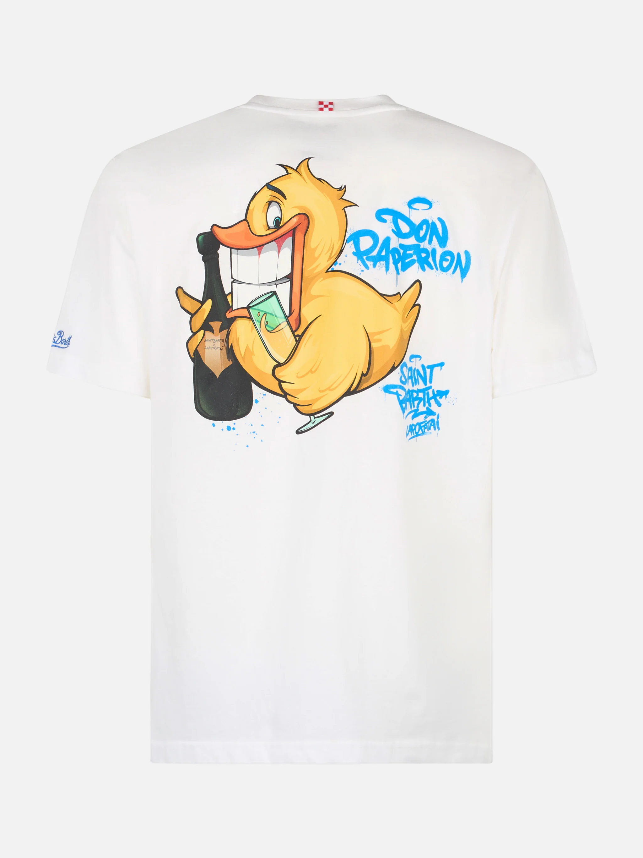 Heren katoenen T-shirt met Cryptopup-print op de voor- en achterkant.