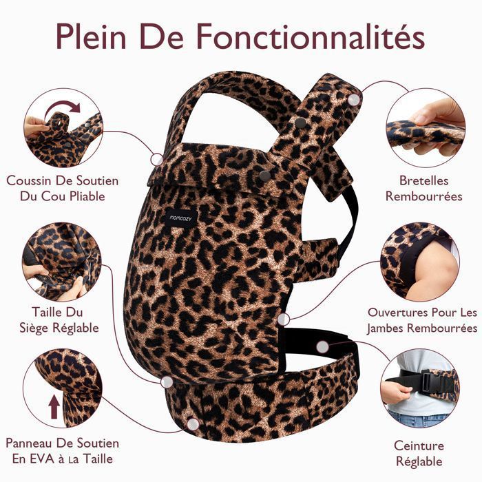 Momcozy-kantoreppu, ergonominen kantoreppu, sopii vauvoille 3,2–20 kg, leopardikuvio