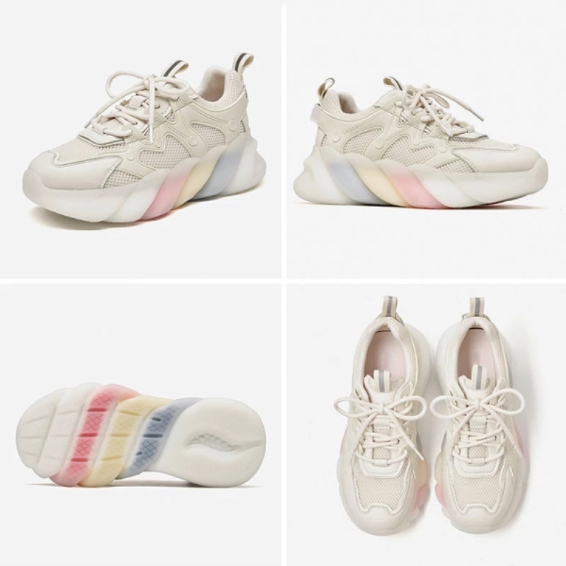 Sneakers Dame Mikrofiber Lær Netting Rund Tå Platåsko Dame Regnbue Tykk Såle Sko Håndlaget 29629