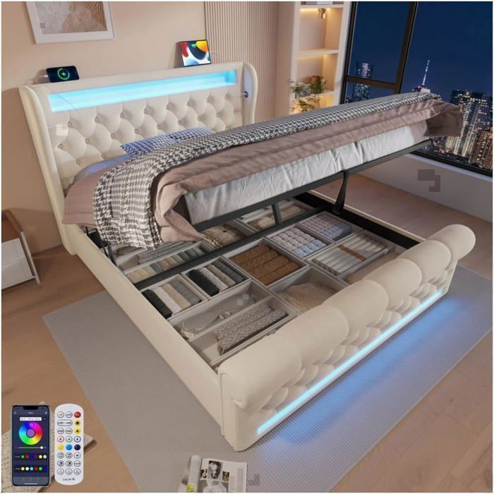 Cama doble tapizada Lemonbest con iluminación LED, 160 x 200 cm, cama con almacenamiento, sistema hidráulico y puertos USB y tipo C, terciopelo + beige.