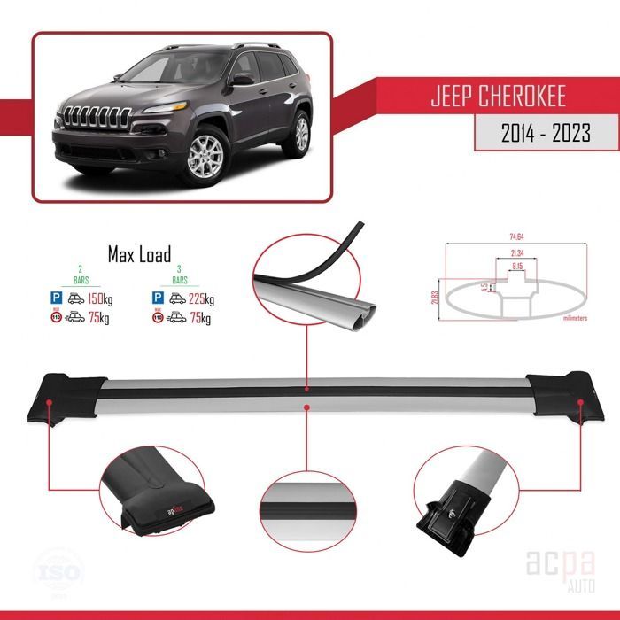 Barras portaequipajes de techo para Jeep Cherokee (KL) 2014-2023, modelo FLY - Gris