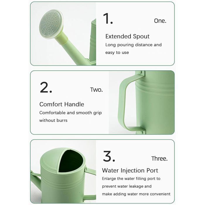 Regadera verde claro de 2 litros con cabezal de ducha extraíble, ideal para plantas de interior y balcones.