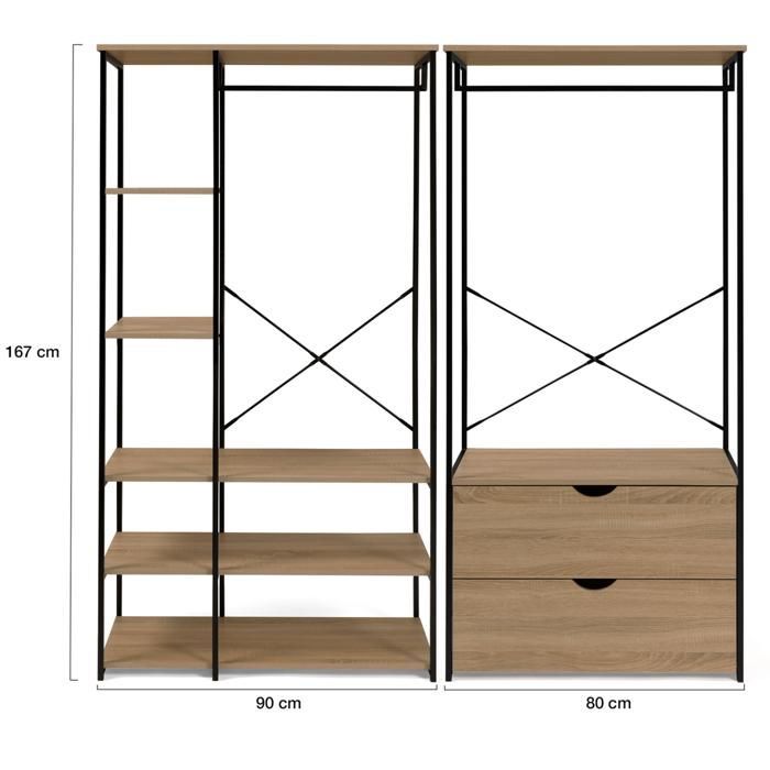 IDMARKET Dressing modulable double penderie étagères et 2 tiroirs DETROIT design industriel
