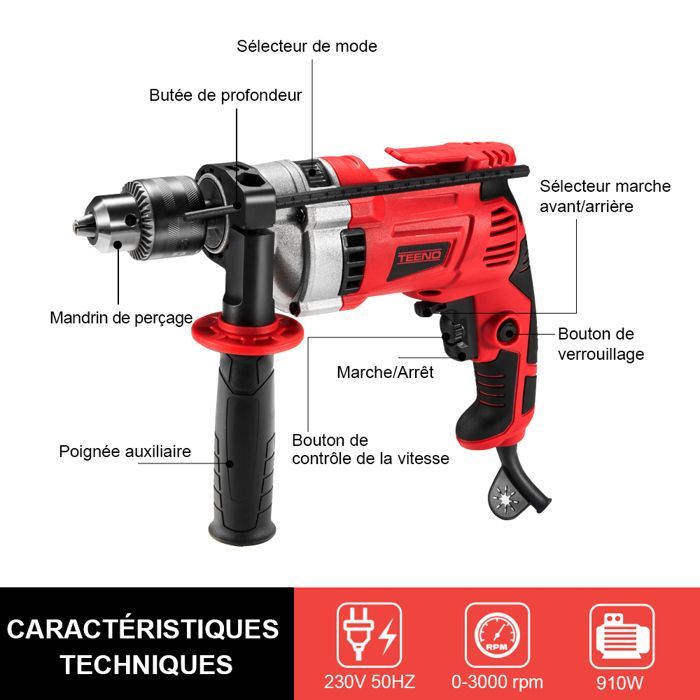 Trapano a percussione elettrico - TEENO - 910W - Mandrino da 13 mm - 0-3000 giri/min - Foratura fino a 32 mm