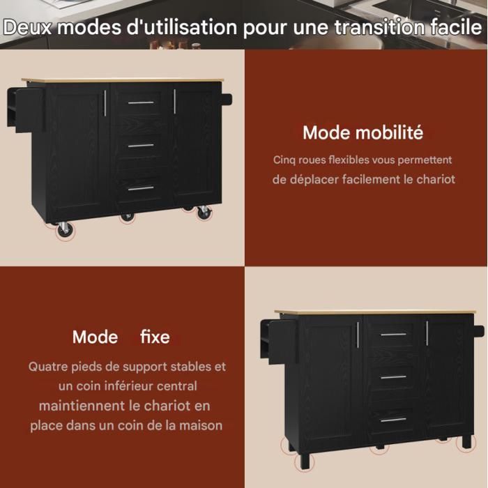 Kitchen trolley - LANGTU - Mobile island with folding sides - 135x46x86.6 cm - 5 lockable casters - 3 drawers