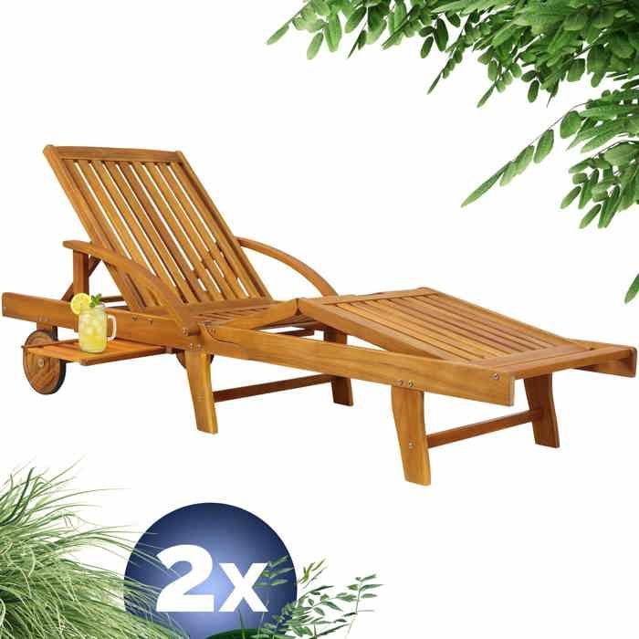 CASARIA® 2 tumbonas Tami Sun de madera de acacia con ruedas para tomar el sol en exteriores, jardín o terraza.