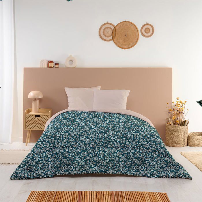 Edredón estampado cálido Omara 220x240cm para cama doble - Edredón de microfibra de 350 g/m² fabricado en Francia - Azul pavo real/Beige - BLEU CALIN