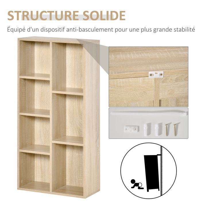 Estantería modular de 7 cubos HOMCOM para interiores, sala de estar, dormitorio - 50 cm de ancho x 24 cm de profundidad x 106 cm de alto, madera natural.