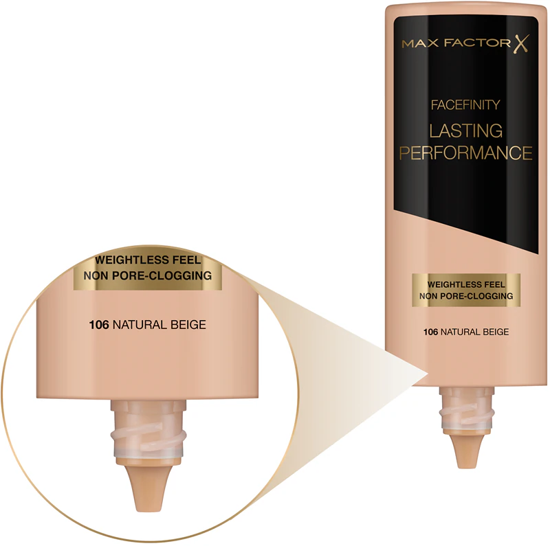 Base líquida Max Factor Facefinity Lasting Performance para um efeito de longa duração.