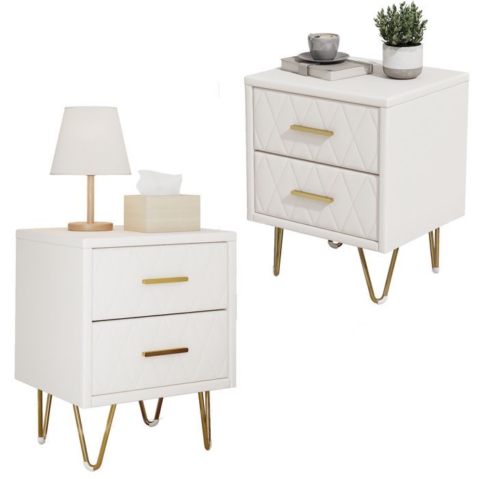 Lot de 2 Tables de Chevet,Table de Chevet avec 2 Tiroirs,Meuble de Chevet,Chevet de Lit avec Pieds en MéTal,35.5x41x51cm,PU,Blanc