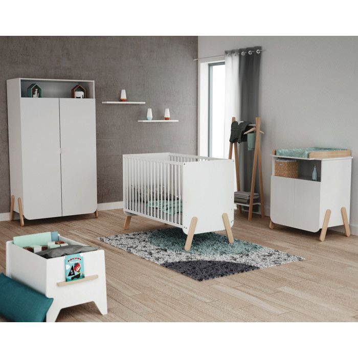 AT4 - Chambre bébé lit, meuble à langer et armoire Blanc et Hêtre Verni  Blanc et Hêtre Verni - Taille unique